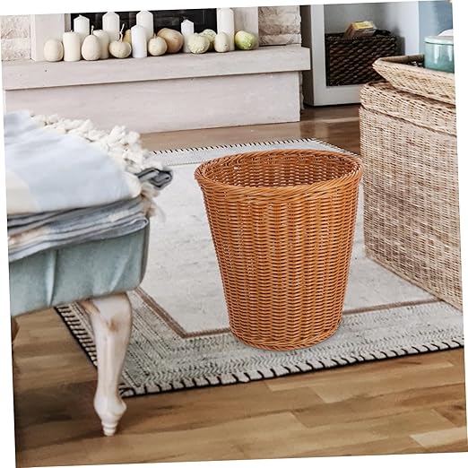 Cabilock 1Pc Simulated Rattan Woven Trash Can Decorative Wastebasket for Home Use Chic Imitated Rattan Style Versatile Trash Bin for Kitchen Bathroom and Office Decor
