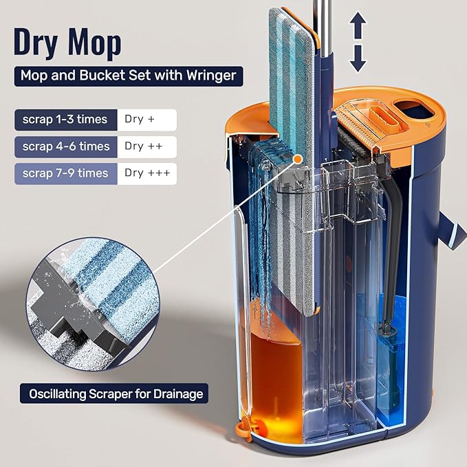 Mop and Bucket Set with Wringer 3-Tank Flat Mop and Bucket System Wall Mop Cleaner with Long Handle Hands Free Mops for Floor Cleaning with 6 Microfiber Pads
