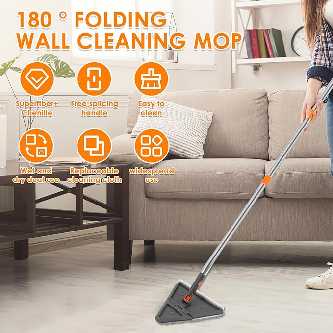 Baseboard Cleaner Tool with HandleFolding Wall Mop with 79 Extension Pole Swivel Wall Cleaner Mop with Squeegee 8 Reusable Pads for Baseboard Wall Ceiling Window Floor Furniture