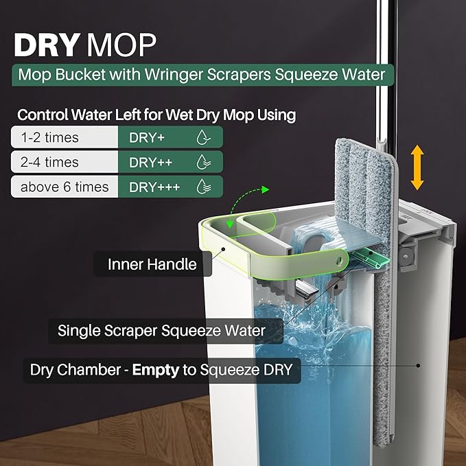 JOYMOOP Mop and Bucket with Wringer Set White Flat Squeeze Mop Bucket Set for Floor Cleaning Wet Dry Mops for Walls Wall Cleaner with Long Handle Hardwood Floor Mop-5 Microfiber Cloths