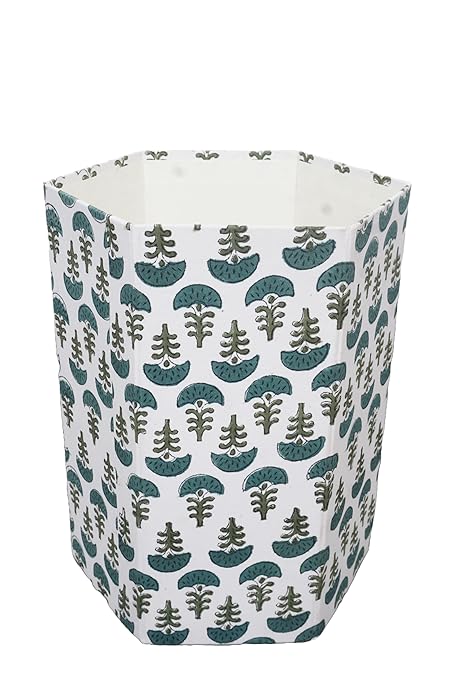 Generic 3.3 Gallon Cotton Hand Block Printed Paper Waste Basket |Small Decorative Trash Can for Housewarming Gifts in Living Room Bedroom Bathroom | Eco-Friendly Plastic-Free (1 GREEN WHITE)