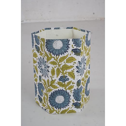 Floral Hand Block Printed 3.3 Gallon Decorative Waste Basket – Eco-Friendly Cardboard Trash Can Plastic-Free &amp Sustainable Perfect for Christmas and Housewarming Gifts (1 Green Blue FLOWAR)