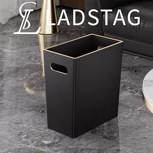 Black 3 Gallon Waste Basket 4 Gallon Trash Can Office Wastebasket with Gold-Tone Edging Decoration for BathroomPu Leather Waste Bins for Toilet Bedroom Living Room Office Home Modern Decor