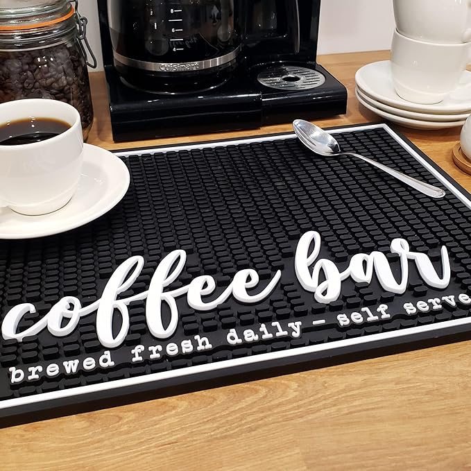 New Mungo Coffee Bar Mat – “Coffee Bar - Brewed Fresh Daily - Self Serve” – Spill-Proof PVC Coffee Station Mat Non-Slip Countertop Protector 18x12