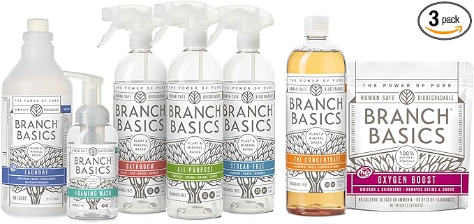 Branch Basics Premium Starter Kit: All Purpose Cleaner Glass and Bathroom Cleaner plus our Foaming Wash and Laundry Bottle (3 Plastic Spray Bottles + Concentrate) Fragrance-Free