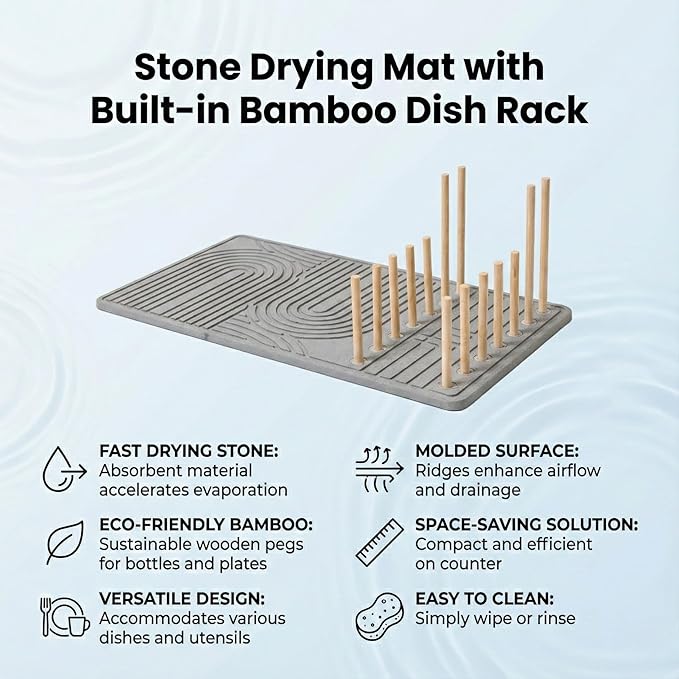 Stone Dish Drying Mat with Bamboo Rack – Fast-Drying Diatomaceous Earth Surface with Non-Slip Silicone Base – Eco-Friendly Super Absorbent Drying Pad for Kitchen Countertops and Dishes (Gray)