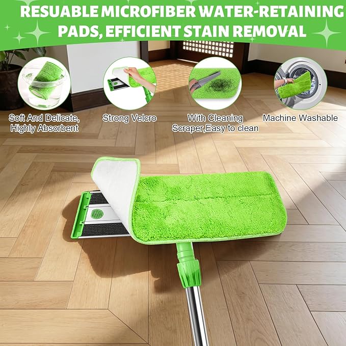 17.7 Microfiber Mop for Floor Cleaning 59in Long Adjustable Stainless Steel Handle 360° Rotating Large Flat Mops 4 Washable Pads for Dry &amp Wet Cleaning for Hardwood Vinyl Laminate Green