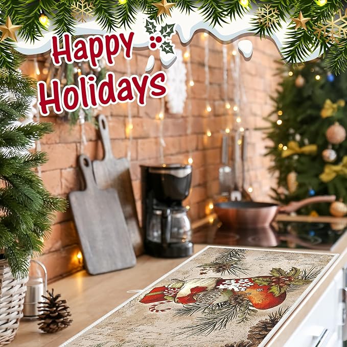 Meanplan Set of 6 Christmas Dish Drying Mats for Kitchen 24x 16 Retro Xmas Kitchen Accessories Santa Berries Rectangle Table Mats Washable Absorbent Drainer Draining Dry Pad for Christmas Home Decor