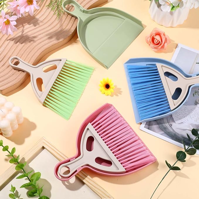 9 Pack Mini Dust Pan and Brush Set Small Hand Broom and Dustpan Set with Handle - 3 Colors Plastic Cleaning Tools for Desk Table Keyboard Car Pet Food Crumbs