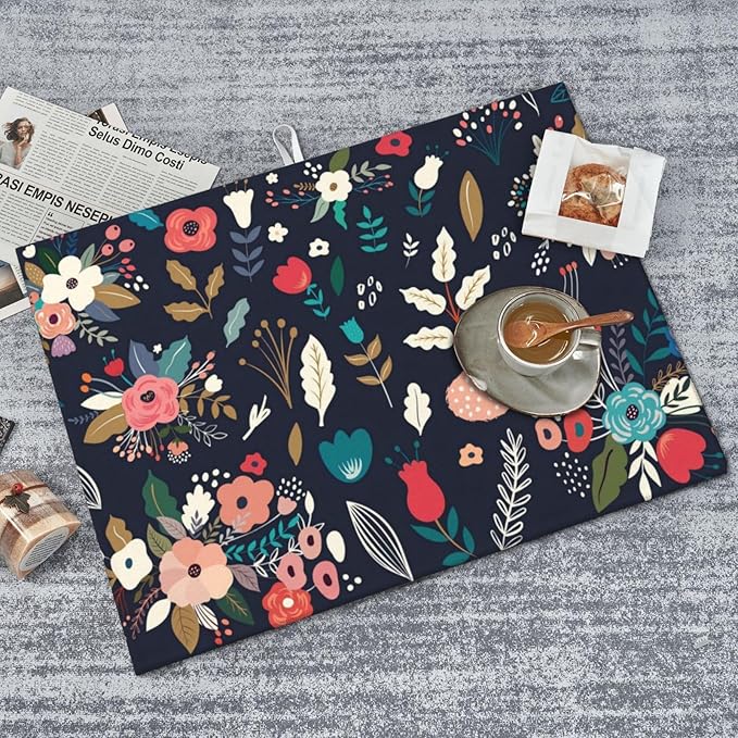 Colorful Flowers Black Dish Drying Mat 18x24 For Kitchen Counter Absorbent Microfiber Dishes Pad Dish Drainer Rack Mats Fast Dry Kitchen Accessories