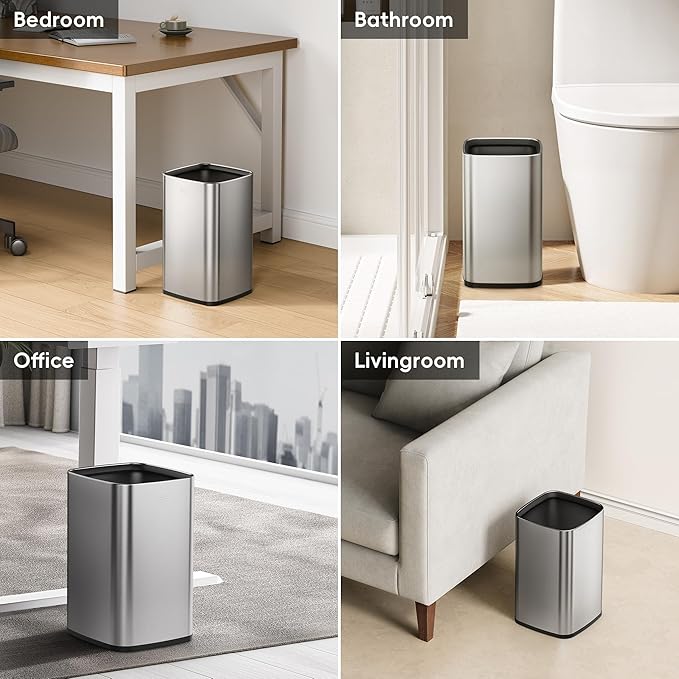 EKO 2-Pack Open Top Trash Can with Removable Inner Basket Square Small Garbage Can 1.8 + 3.2 Gallon Wastebasket Combo for Kitchen Bathroom Office Home (Stainless Steel)