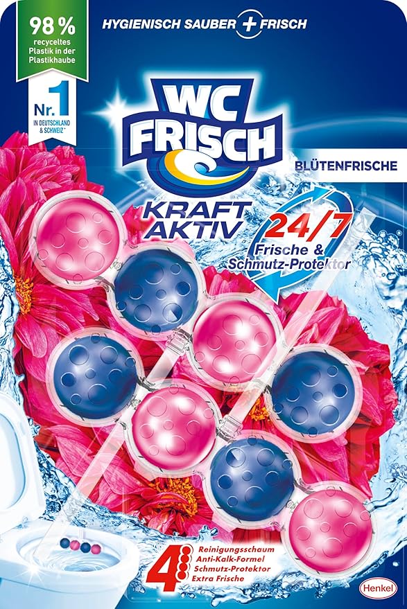 WC-Frisch Kraft Aktiv Fragrance Rinser Flower Freshness (2 x 50 g) Toilet Cleaner for Cleaning with Every Flush Fragrance Stones for Long-Lasting Fresh Fragrance + 50% Anti-limescale Effect