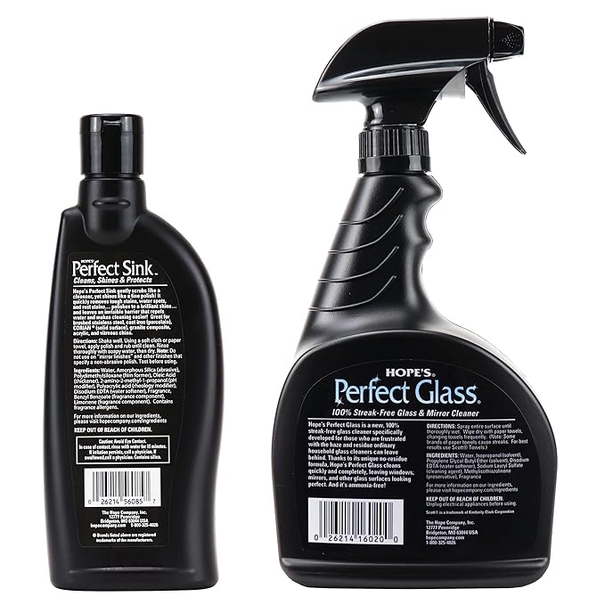 HOPE'S Perfect Sink Cleaner and Polish 8.5 Fl Oz and Perfect Glass Cleaner Spray with Microfiber Cloth 32 Fl Oz Bundle