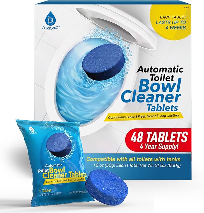 Pursonic Automatic Toilet Bowl Cleaner 48 Tablets 4 Year Supply - Blue Gel Toilet Tank Cleaners Long-Lasting - Septic-Safe Hard Water Ring Stain Remover Smell Eliminator Deodorizer Fresh Scent