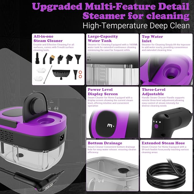 Steam Cleaner 2500W Handheld Steamer with 1.6L Tank 3 Steam Levels Portable Steam Cleaning Machine for Home Car Detailing Furniture Bed Bugs &amp Grout – Purple