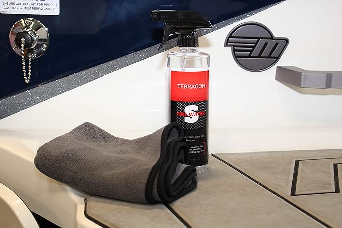 Terragon Fire Water is the first-ever SI02 Infused Water Spot Remover not only does it clean but also protects and leaves behind a brilliant U.V. Inhibitanting SHINE.