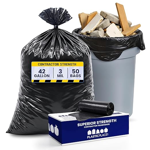 Plasticplace Contractor Trash Bags 42 Gallon │ 3.0 Mil │ Flaps │ Black Heavy Duty Garbage Bag │ 33” x 48” (50 Count)