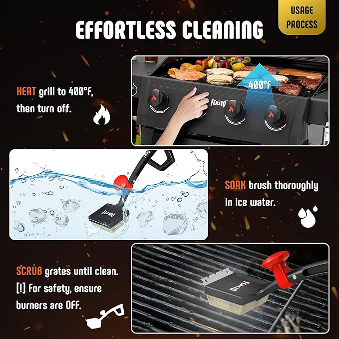 Grill Brush with Steam and 2 Replacement Brush Heads 6-in-1 Bristle-Free with Interwoven-Tech &amp Thermal-Sensitive Sponge Stainless Steel Scraper 360° Rotating Knob Bottle Opener