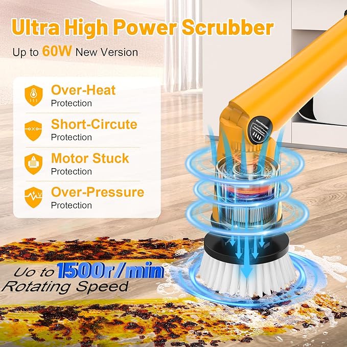 1500 RPM Electric Spin Scrubber for DeWalt 20V Battery Power Shower Scrubber for Bathroom/Floor/Bathtub/Toilet/TileElectric Cleaning Brush with Long Handle &amp 8 Replaceable Brush (Yellow)
