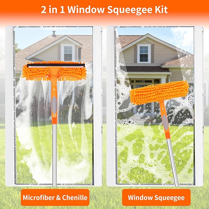 152'' Window Cleaning Kit 2 in 1 Window Squeegee with Extension Poles Window Cleaner Tools for Indoor/Outdoor High Window Car Glass