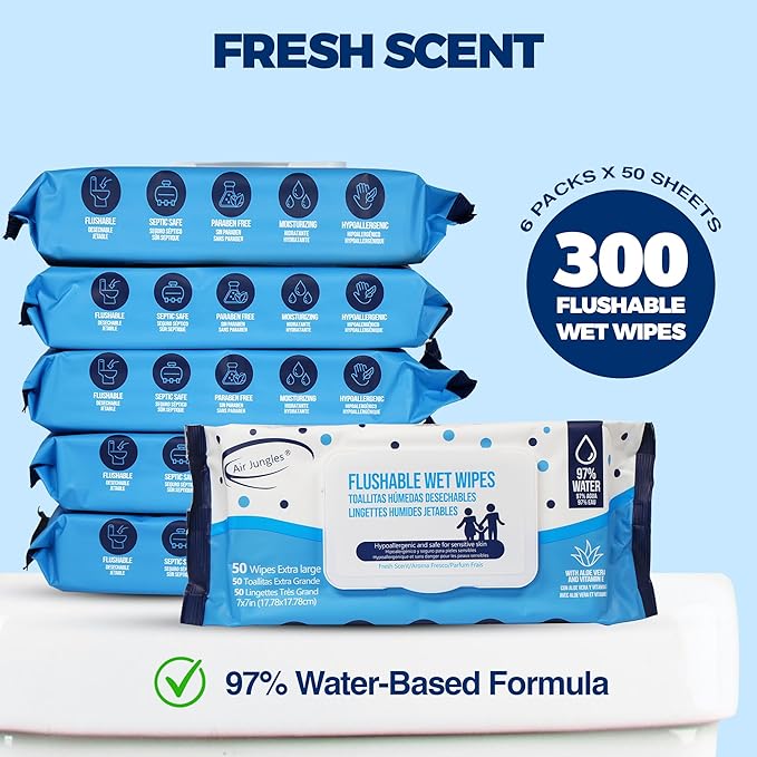 Air Jungles Bathroom Freshness Essentials Bundle :Toilet Bowl Cleaner Tablets Lavender Odor Eliminator Spray &amp Flushable Wipes (300 Count)