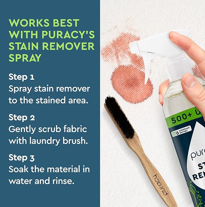 Puracy Natural Baby Laundry Stain Remover Enzyme Odor Eliminator Free &amp Clear 16 Fl Oz and Laundry Stain Remover Brush for Tough Stains Effective Stain and Odor Eliminiation Bundle