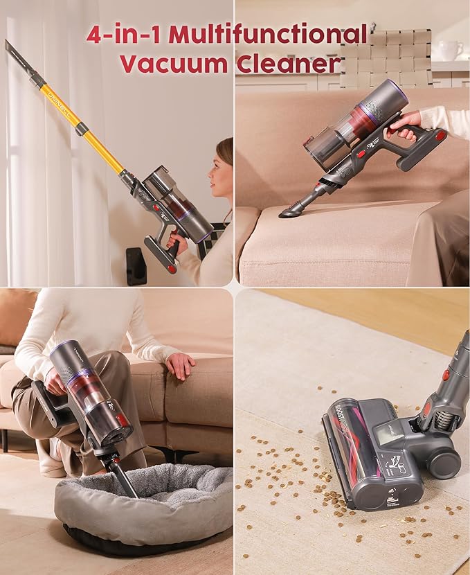 UNINELL HOME Cordless Vacuum Cleaner 48000Pa 550W 65Mins Vacuum Cleaners for Home LED Touch Display Anti-Tangle Stick Vacuum Self-Standing Vacuum Cordless Rechargeable for Pet Hair/Carpet