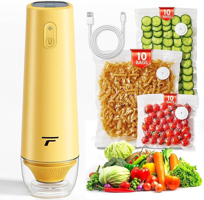 Vacuum sealer for food Chef’s Design to Preserve Freshness Compact Handheld Vacuum Sealer with 30 Reusable Bags Professional-Grade for Food Storage Savers Mustard
