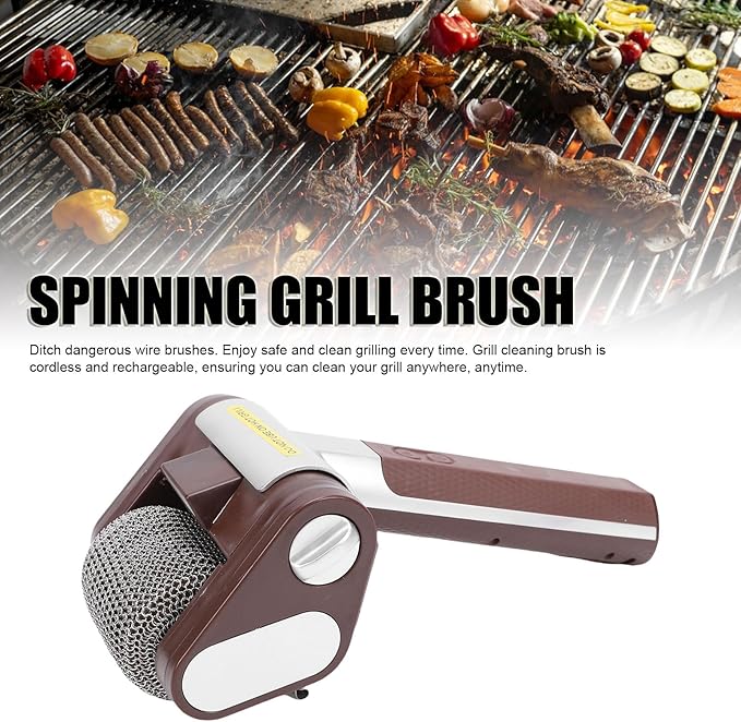 Electric Grill Cleaner Cordless Rechargeable BBQ Accessories Scrubber Brush with 350 RPM Stainless Roller LED Light Spinning Grill Cleaning Scrub Brush for BBQ Grates (Brown)