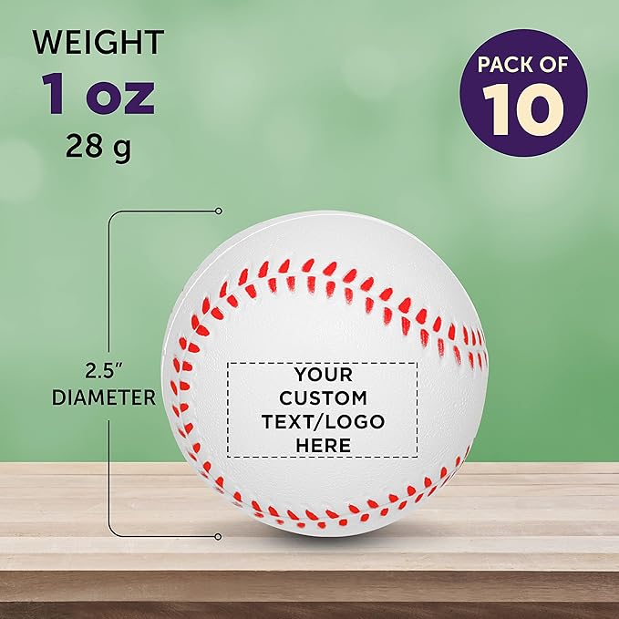 DISCOUNT PROMOS Custom Baseball Shaped Squeeze Balls Set of 10 Personalized Bulk Pack - Perfect for Promotional Giveaways - White
