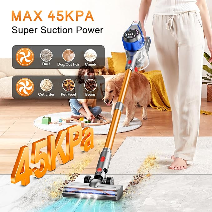 Cordless Stick Vacuum Cleaner - Rechargeable Powerful Vacuums with Detachable Battery Display Max 45Mins Runtime 8 in 1 Handheld Vacuum for Hardfloor &amp Carpets Pet Hair 45Kpa Yellow