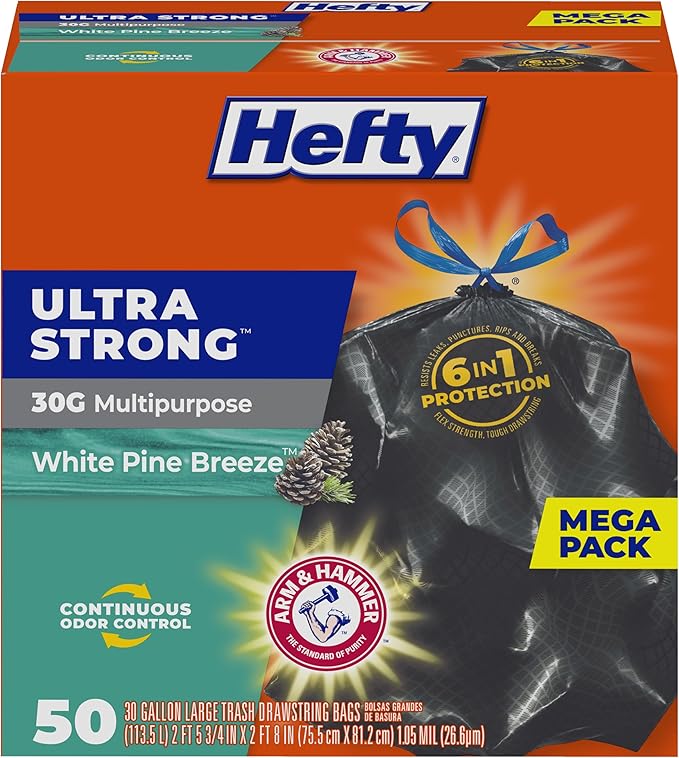 Hefty Ultra Strong 30 Gallon Trash Bags Large Trash Bags 30 Gallon Size Multipurpose Break Resistant Drawstring Closure Resists Leaks Punctures and Tears Black White Pine Breeze Scent 50 Bags