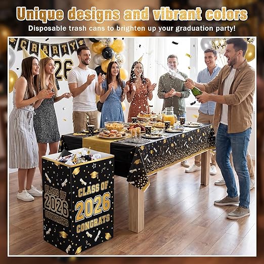 Tinlade 6 Pack 2026 Black and Gold Graduation Decoration 13 Gallon Disposable Trash Cans Class of 2026 Party Garbage Bins Large Waterproof Foldable Recycle Pop up Bins for Graduation Party School