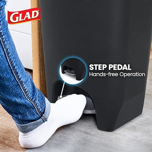 Glad 13 Gallon Trash Can | Plastic Kitchen Waste Bin with Odor Protection of Lid | Hands Free with Step On Foot Pedal and Garbage Bag Rings Black