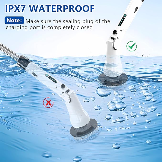 Electric Spin Scrubber Hillyfe Bathroom Scrubber Electric with 7 Replaceable Brush Heads IPX7 Waterproof300/400 RPM 3 Adjustable LengthScrubber Brush Electric for Bathtub FloorWhite