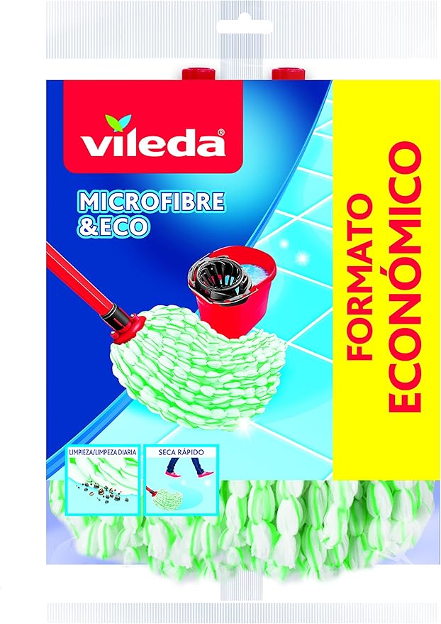 Vileda Microfibers Eco – Pack of 2 Mop Refills 100% Microfibre Great Cleaning and Absorbency Green and White