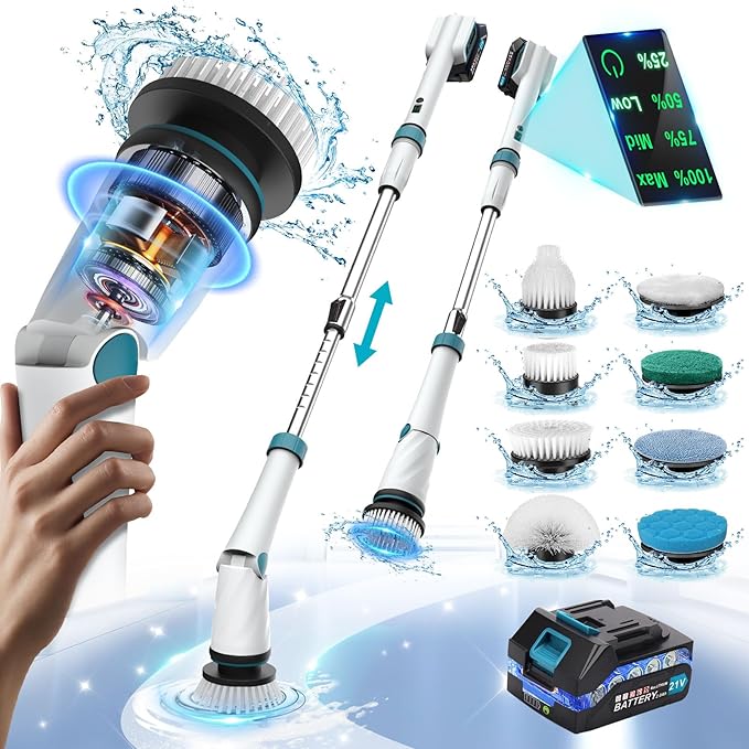 Battery Electric Scrubber for Cleaning Bathroom1200RPM 21V Spin Scrubber Electric Spin Brush for Cleaning 50'' Cordless Power Shower Scrubber W/ 8 Brushes for Grout Tile Tub Floor