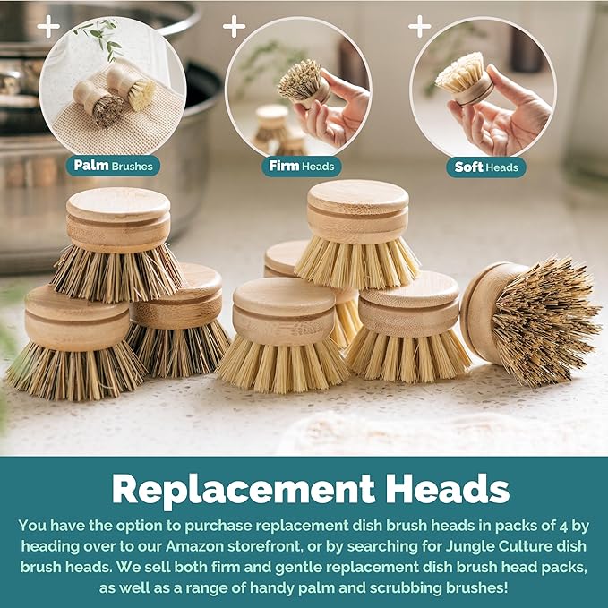 Jungle Culture® 6 Pack Bamboo Dish Brush Set for Washing Up • Natural Wooden Dish Brushes for Pans &amp Dishes • Eco Friendly Dish Scrubber for Bottles Pots &amp Vegetables • Non Toxic &amp Plasti