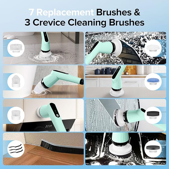 Electric Spin Scrubber Dreazu IPX7 Bathroom Scrubber with 7 Replaceable Brush Heads &amp Retractable Handle 2-Speed Adjustable Spin Scrubber for Bathroom Bathtub Kitchen Tile Floors（Green）