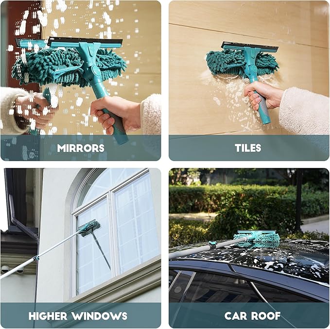 36 Feet High Reach Window Squeegee with 7-30 Ft Extension Pole Window Cleaner Tool with 5-Stage Telescoping Pole Window Cleaning Kit with Rotatable Head (2 Squeegee &amp 2 Microfibre Cloths)