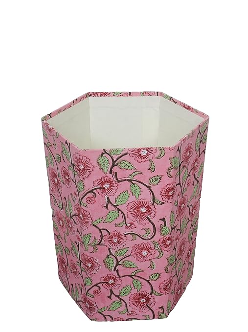 Handmade Cotton Paper Waste Basket Stylish Trash Can for Home or Office (1 Pink FLOWAR)