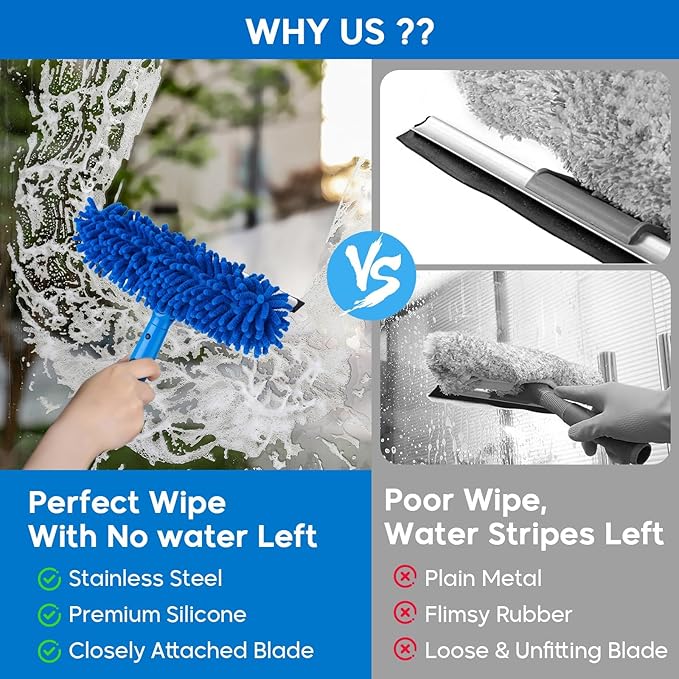 Window Squeegee 2-in-1 Window Cleaner with Removable Extension Poles 177'' Window Washing Kit Glass Door Cleaner Multi-Use Car Windshield Cleaning Tool with 1 Blade 3 Scrubber for High Outdoor Window