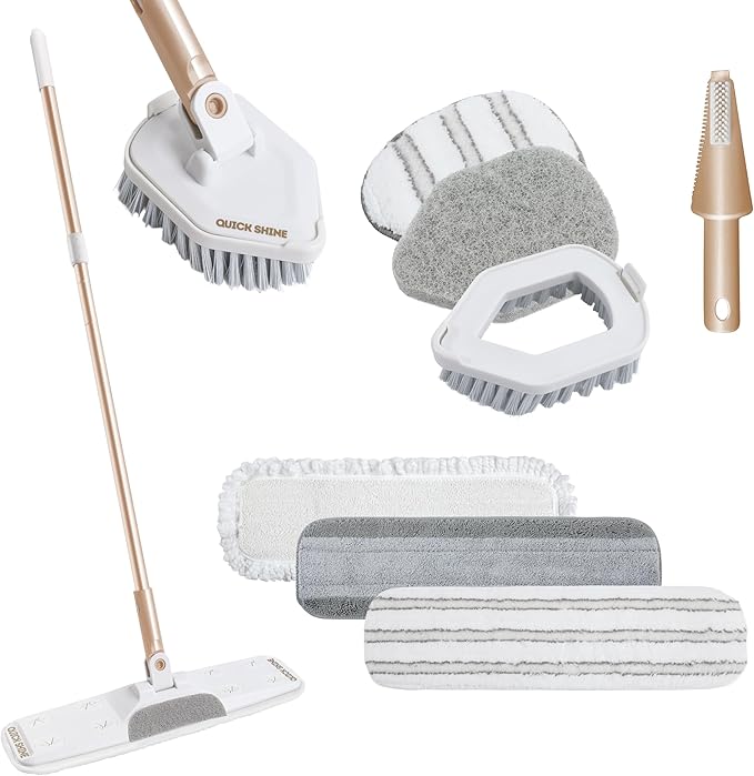 Quick Shine Ultimate Gold Clean + Polish Mop Kit | All-in-One 9 Pc Kit w/Interchangeable Attachments | No Batteries Needed | Pro Cleaning System for All Floor Types | 2-in-1 Mop
