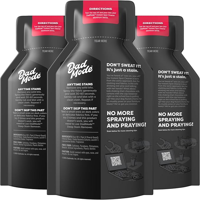 DadMode Instant Fabric Spot Cleaner | 1000 Stain Treatments | Fastest Clothing Spill Remover | 3-Pack Refill | Quick Spray &amp Wipe | Multi-Surface for Clothes Carpet &amp Upholstery | Sandalwood