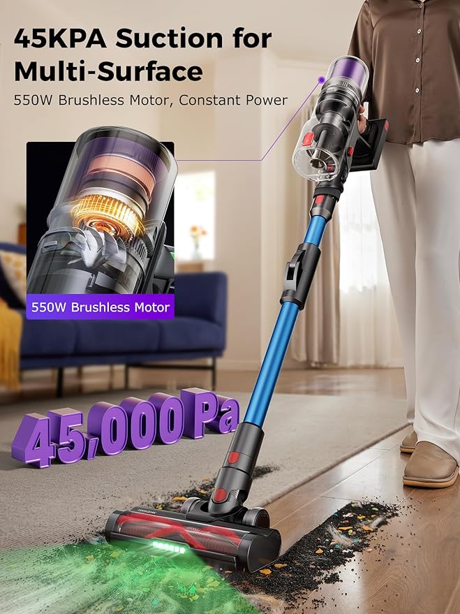 Proscenic Cordless Vacuum Cleaner 45Kpa 55Mins Runtime 180°Bendable Wand Vacuum Cleaners for Home with Green Light Anti-Tangle Brush Rechargeable Lightweight Stick Vacuum for Pet Hair P16(Blue)