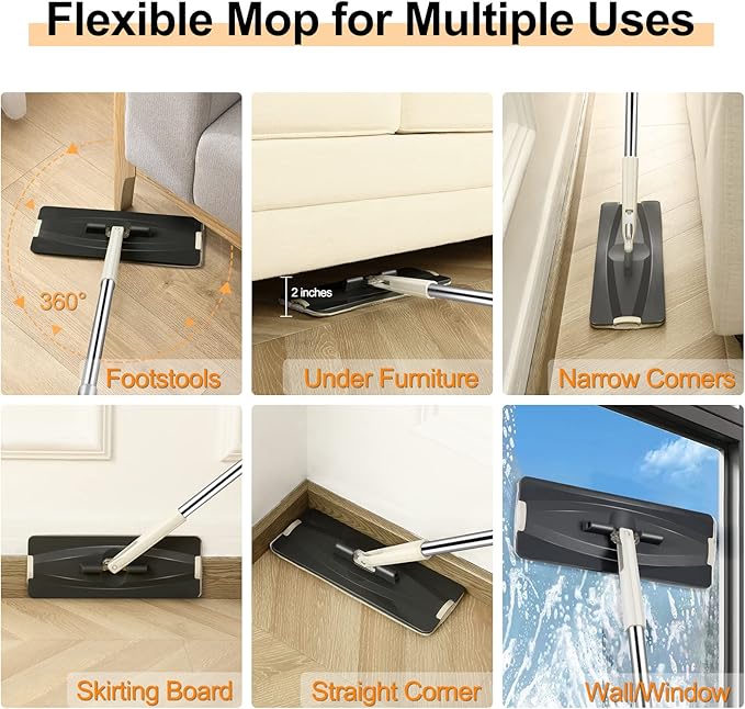 Jelymark Flat Mop and Bucket with Wringer Set Separates Dirty and Clean Water 3-Chamber Mop Wet and Dry Use Not-Hands Squeeze Mops for Floor Cleaning 8 Reusable Microfiber Mop Pads Included