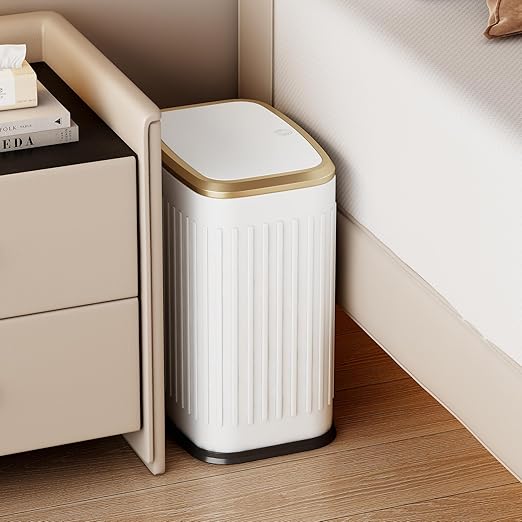 TIPGO Bathroom Trash Can with Lid 2.1 Gallon / 8 Liter Small Garbage Can Press Top Bin Stainless Steel Wastebasket with Pop-Up Lid for Bedroom Living Room Office (White)