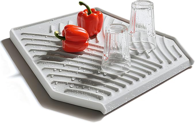 Silicone Dish Drying Mat with Drain Self-Draining Heat Resistant &amp Non-Slip Kitchen Counter Mat Easy to Clean Reusable 19.3'' x 13'' Greige