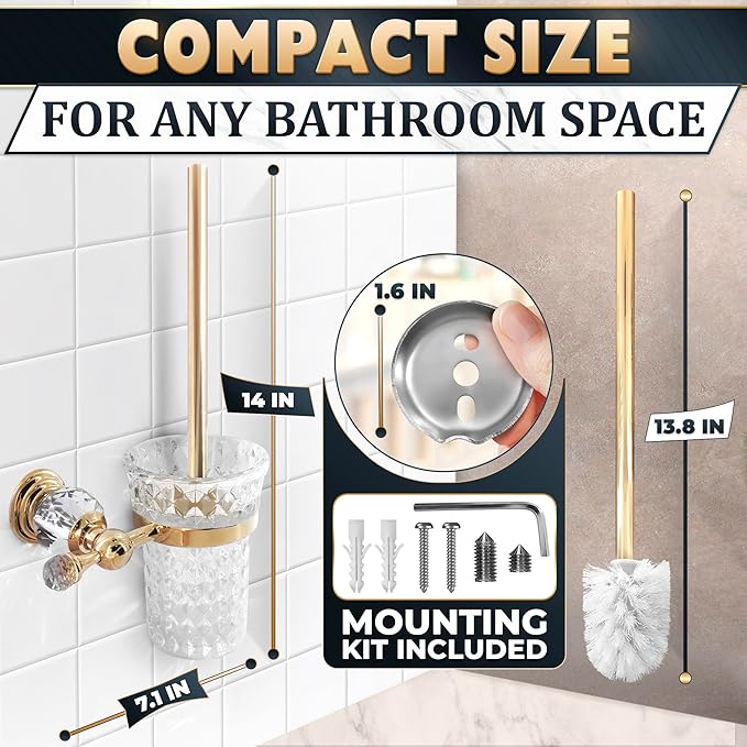 Gold Stainless Steel Toilet Brush with Crystal Toilet Brush Holder Set – Wall Mounted Holder Replaceable Head Decorative Space-Saving Design Bathroom Toilet Accessory Elegant Toilet Bowl Cleaner Set