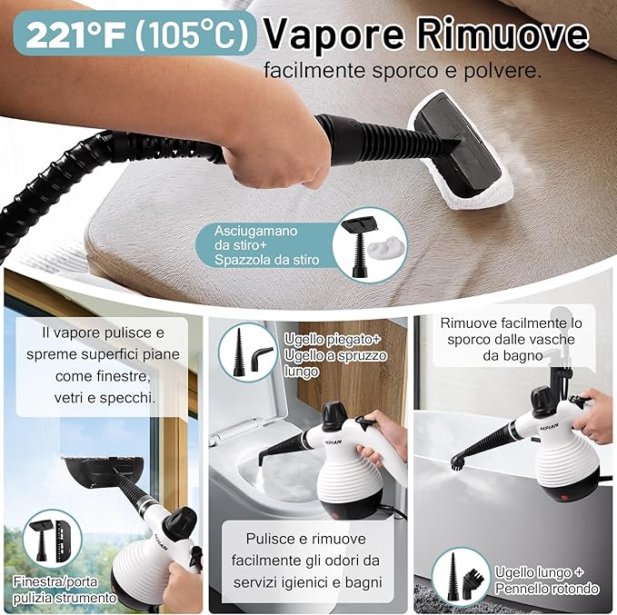 Steamer for Cleaning Multipurpose Portable Steam Cleaners for Home Use with Safety Lock and 10 Accessory Kit to Remove Grime Grease and More (Black) (White)